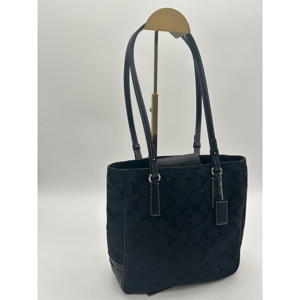 Coach Tote Bag Womens Medium Black Signature C Monogram Jacquard Leather Trim
